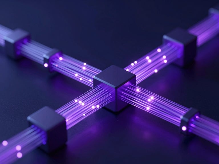 Sleek 3D render of interconnected digital nodes and glowing fiber optic pathways, cool ambient neon lighting, deep navy and electric purple tones, ultra-detailed tech aesthetic, macro lens