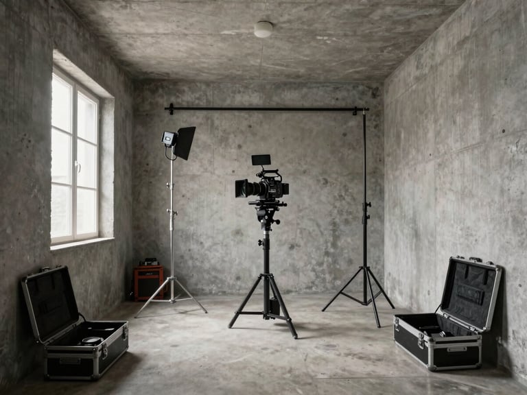 Wide shot of a compact production studio in Maltepe Istanbul, a full camera rig and lighting stands set up in a tight space, concrete walls visible, equipment cases open on the floor, no people, available light from a single window on the left side