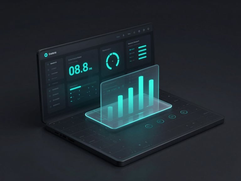 Dark mode ERP dashboard UI, data visualization, glowing cyan metrics, frosted glass elements, clean grid, isometric perspective, octane render
