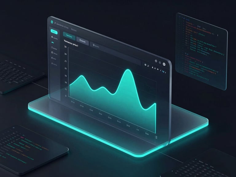 Sleek dark-mode UI mockup of a fintech trading platform dashboard, glowing cyan charts, frosted glass elements, macro shot of code interfaces, isometric perspective, octane render.