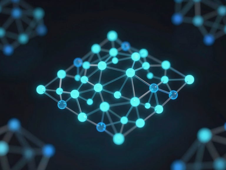 Abstract neural network visualization, glowing nodes, dark background, subtle glassmorphism, cyan and blue accents, macro shot, octane render