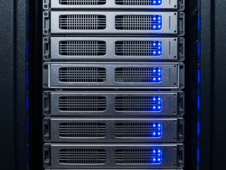 Macro close-up of a high-density server rack in a cool-toned data center, sharp blue indicator lights reflecting on metallic surfaces, symmetrical framing.