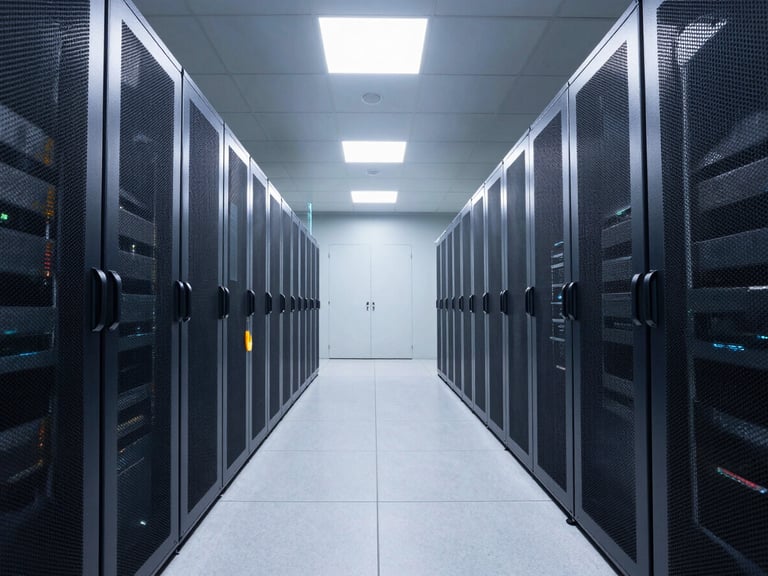 Symmetrical wide shot of a modern cleanroom data center corridor, cool white overhead lights, dark metal server cabinets lining both sides.
