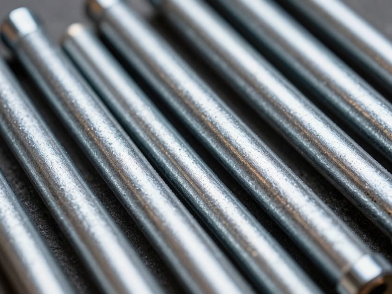 Close-up macro shot of freshly zinc-plated industrial parts, showing a smooth, uniform, and bright metallic surface under high-contrast industrial lighting, cool metallic tones.
