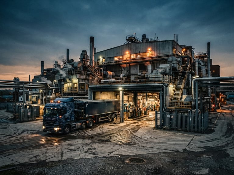 Wide shot of Empigard facility exterior at dusk, industrial lighting, cool metallic tones, a dedicated delivery truck parked outside, low horizon, gritty industrial photography.