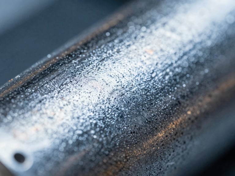 Macro shot of an electroless nickel-plated component, showcasing a dense, even, and highly reflective surface texture, sharp depth of field, cool blue tones.