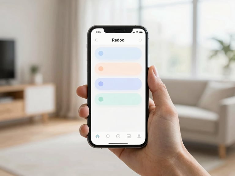 Close-up of a hand holding a smartphone in a bright, modern minimalist apartment, displaying the Redoo app dashboard with soft rounded status cards, natural lighting, beautiful blurred background
