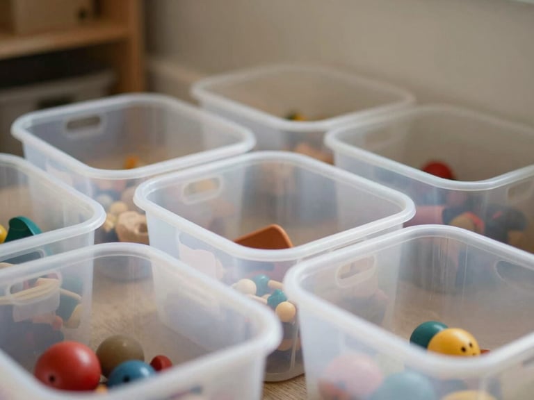 Child's play area with clear, labeled toy bins, a few toys visible but neatly contained, soft diffused natural light, muted earth tones, shallow depth of field, realistic home interior.