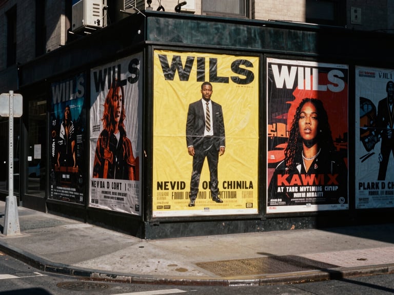 Wide cinematic environmental shot of a wild poster campaign on a gritty New York street corner, harsh direct sunlight, deep shadows, 35mm film.