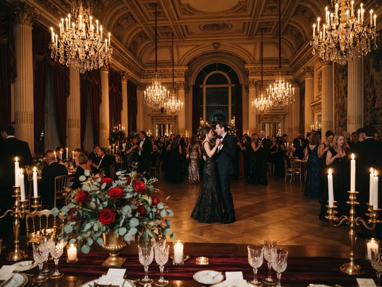 Wide environmental shot of a majestic neoclassical ballroom, warm candlelight glowing from crystal chandeliers, deep marsala velvet drapes, soft golden highlights, moody editorial photography, shallow depth of field