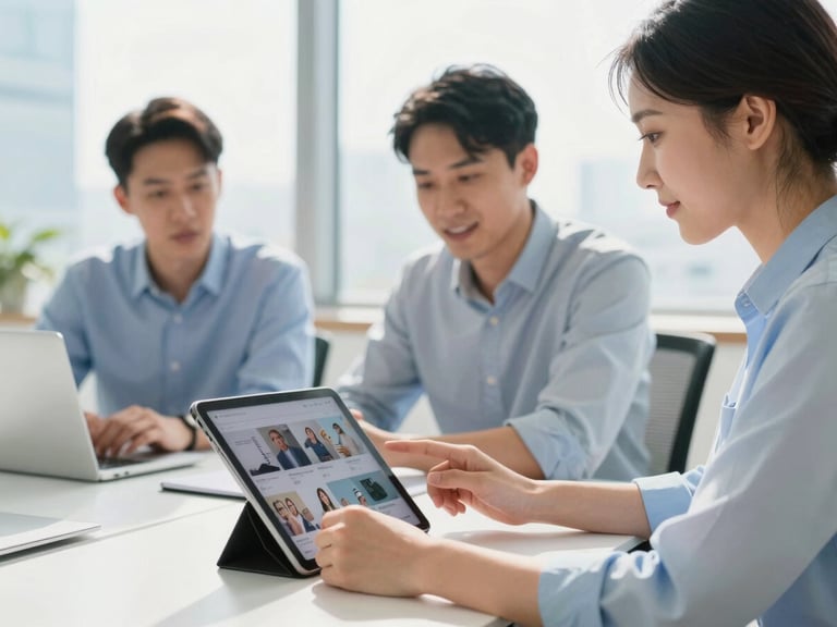 Creative team collaborating on a tablet displaying social media content, modern office, bright natural daylight.