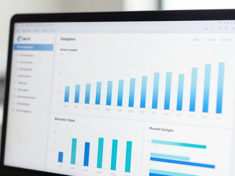 Sleek analytics dashboard displaying performance metrics, with subtle sky blue and cyan gradient overlays, bright studio light.