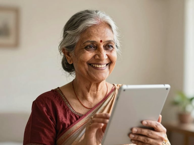 A warm, high-contrast portrait of a smiling Indian grandmother holding a tablet in soft morning light, looking happy and independent