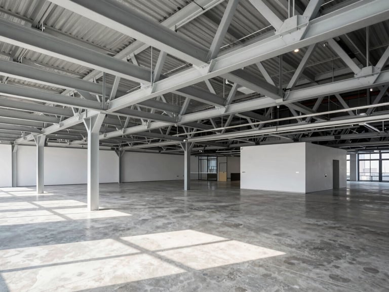 Wide shot of a modern commercial office interior with exposed steel trusses and clean concrete floors, natural daylight