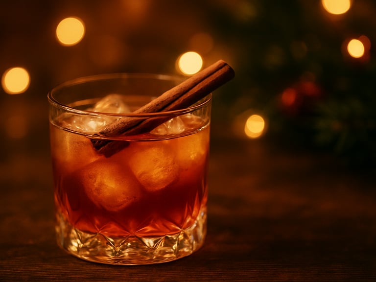 Close-up photography of a festive holiday cocktail with a cinnamon stick garnish, glowing ambient amber light, soft holiday decor in the background, shallow depth of field, 35mm film.