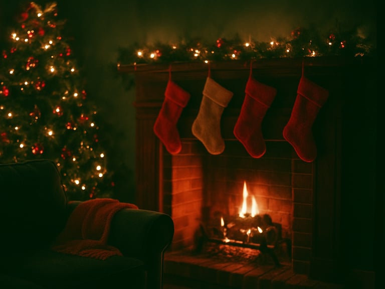 Warm cozy photography of a living room bathed in a deep forest green and soft red ambient light glow, holiday stockings hanging from the mantel, 35mm film.