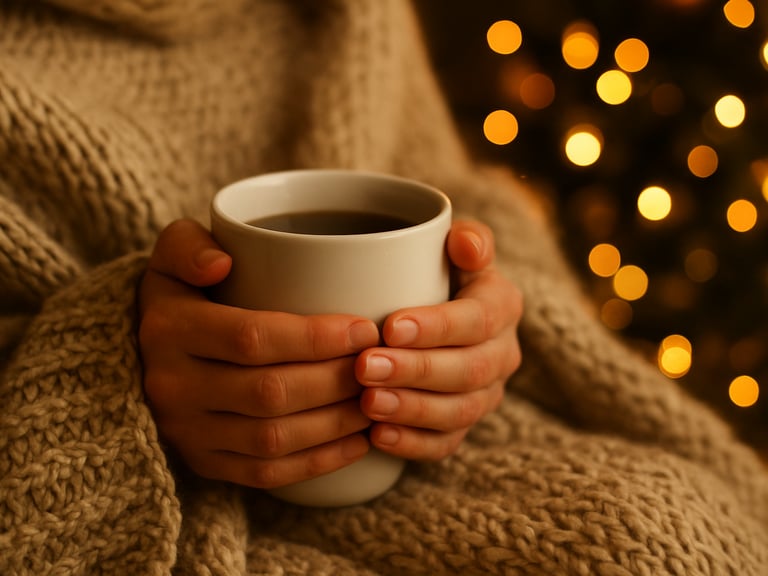 Close-up photography of hands wrapped around a warm ceramic mug under a thick knit blanket, soft holiday lights twinkling in the background, shallow depth of field, 35mm film.