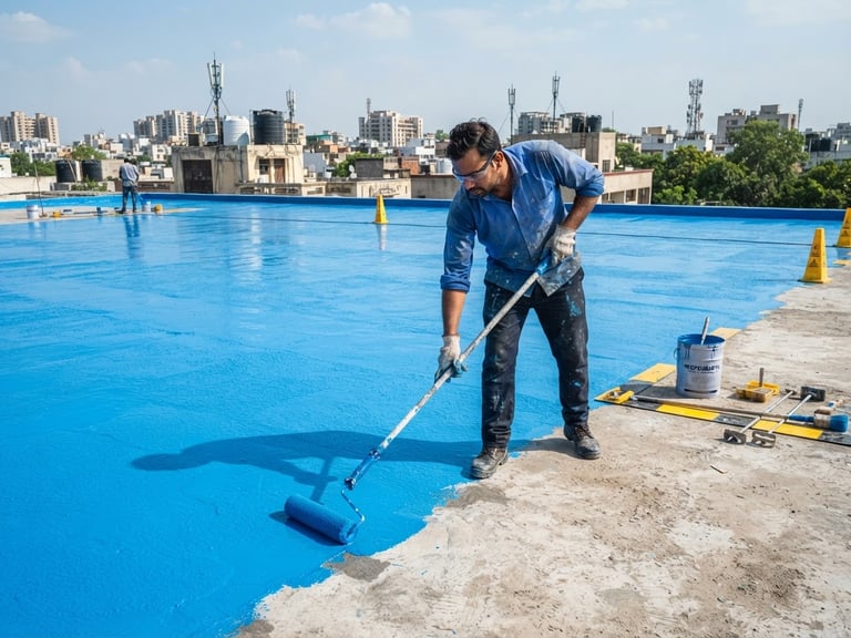 A professional waterproofing technician applying a bright blue multi-layer PU coating to a wide rooftop in New Delhi under bright natural daylight, crisp details.
