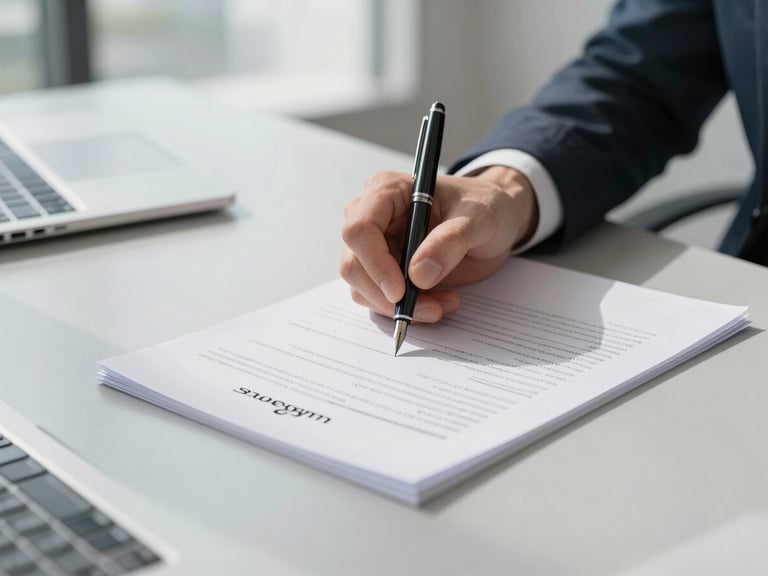 A close-up of a modern corporate document being signed with a fountain pen on a clean slate-gray desk, bright natural daylight, professional corporate photography, 35mm