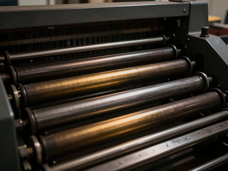 Close-up of industrial offset printing press cylinders, ink rollers, and paper feeding through, low-key moody lighting, deep charcoal tones, warm gold highlights, sharp focus, 35mm lens.