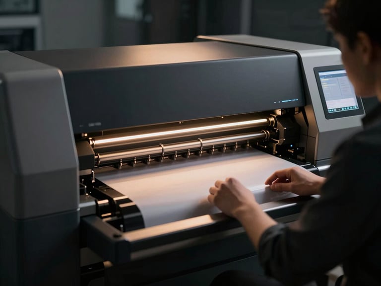 Sleek, modern digital printing machine with an operator monitoring a high-resolution screen, close-up on the print head, high-tech, precise, low-key lighting with subtle warm accents.