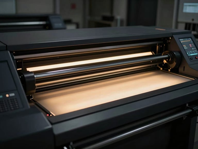 Operator monitoring a large format digital printing console, glowing screens, subtle reflections, low-key moody lighting, deep charcoal tones, warm gold highlights, sharp focus, 35mm lens.