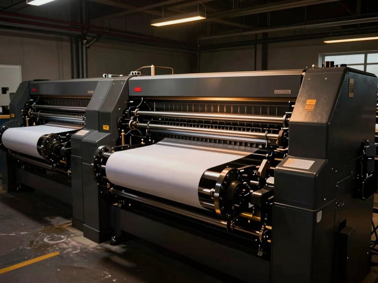 Wide-angle shot of a modern, large-scale offset printing press in operation, intricate machinery, paper sheets moving through, low-key industrial lighting with warm gold highlights, sharp focus on precision.