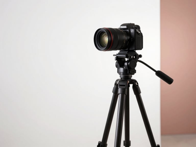 Minimalist studio setup with a camera on a tripod, soft diffused lighting, white and rose gold background accents, clean composition.