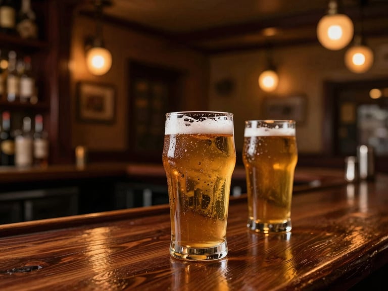Warm editorial photograph of a cozy Chicago tavern interior, low-key amber lighting glowing over a polished mahogany bar, condensation-rimmed beer mugs in the foreground, shallow depth of field
