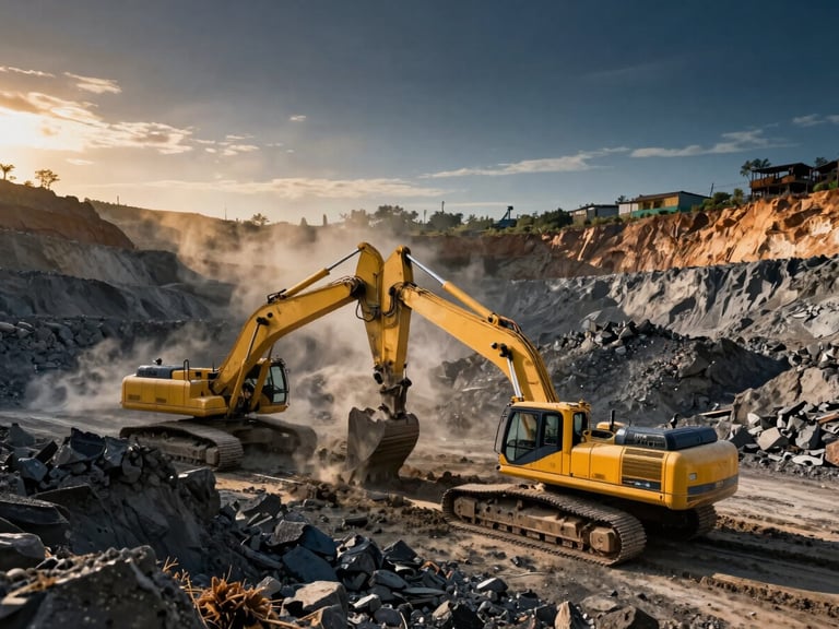 Wide environmental shot of an active open-pit mining site in the Philippines at golden hour, massive yellow excavators operating on terraced earth, dramatic dust clouds catching the low sun.