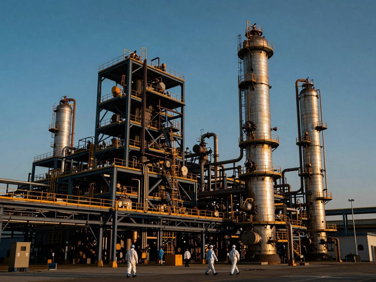 Wide-angle dramatic shot of a massive industrial petrochemical plant at golden hour, high-contrast steel structures, engineers in full PPE walking in the lower third, 35mm lens
