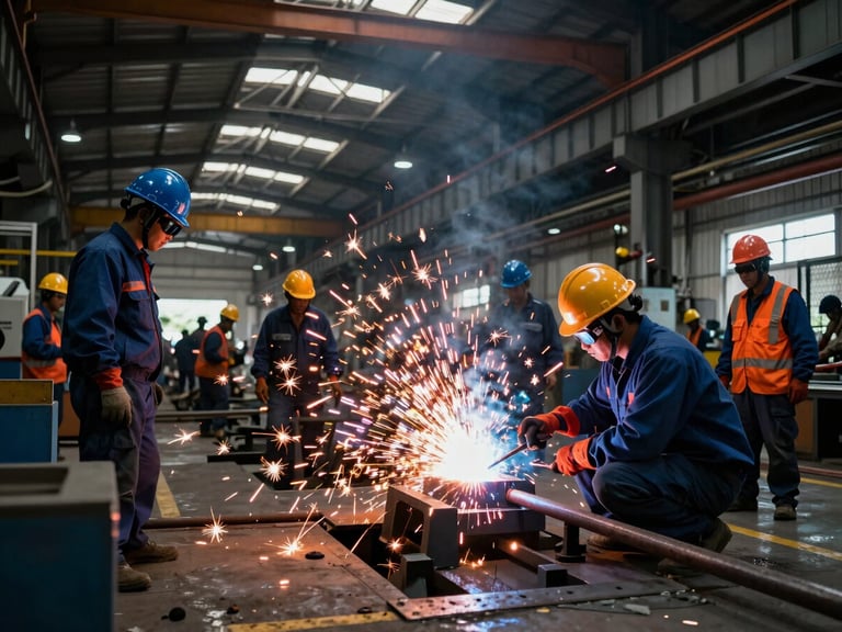 Wide-angle environmental shot of an active industrial fabrication shop in the Philippines, dramatic welding sparks flying, workers in complete spotless PPE and hard hats, high-contrast structural lighting.