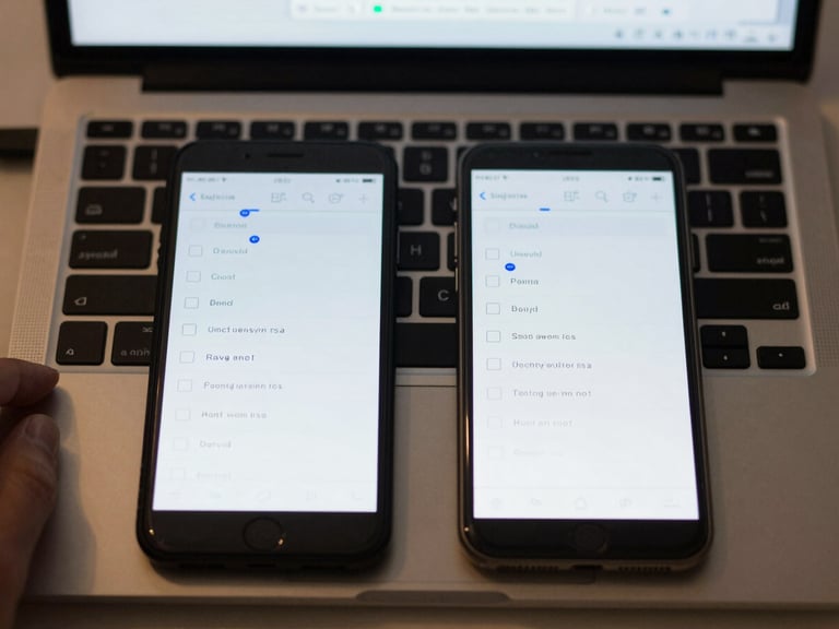 Close-up overhead view of a laptop keyboard and a smartphone placed side by side on a light desk surface, both screens displaying a simple multiple-choice interface, ordinary overhead classroom light, no dramatic shadows, hands partially visible at keyboard edges