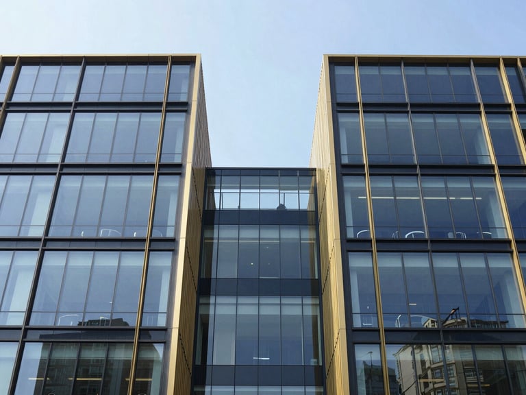 Symmetrical modern office building facade with clean glass panels, bright morning daylight, architectural structure, corporate editorial style, 35mm