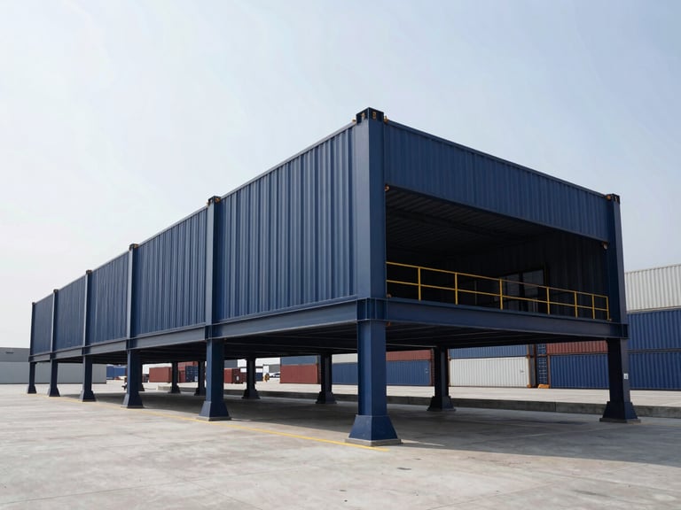 Wide-angle architectural shot of a modern automated shipping terminal, cool crisp daylight, deep navy steel structures, high-contrast details.