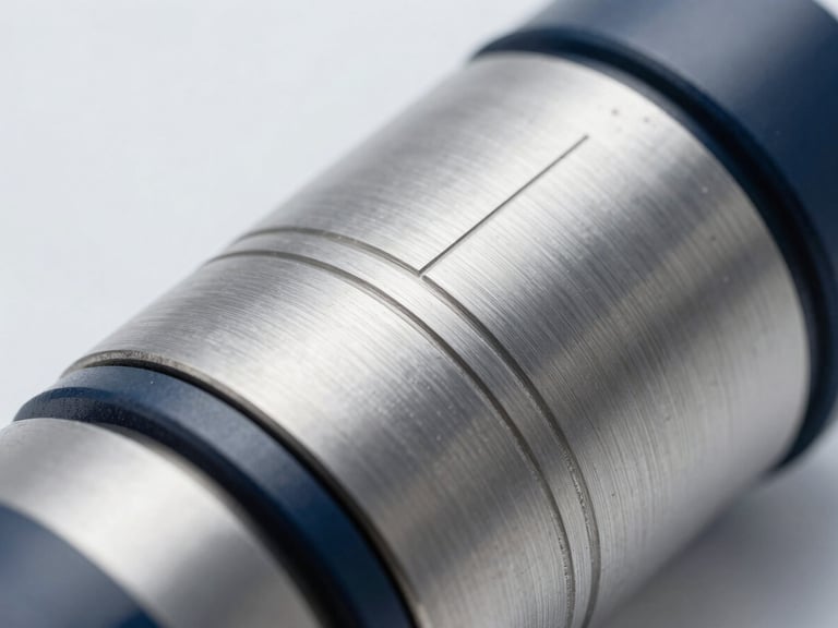 Macro close-up of a brushed steel industrial component with clean technical engravings, cool studio lighting, sharp shadows