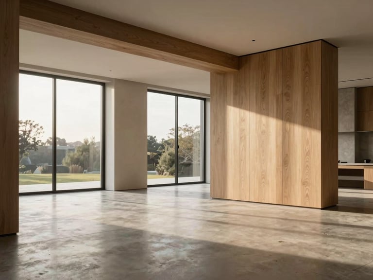 A clean, modern luxury home interior with polished concrete floors and large oak panels, soft natural light from floor-to-ceiling windows.