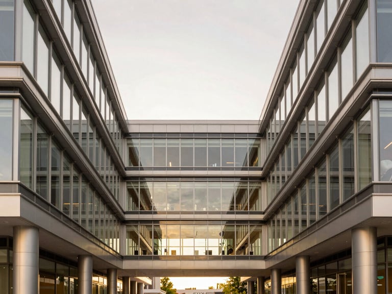 Symmetrical architectural shot of a modern commercial office lobby, steel and structural glass elements, clean lines, soft overcast daylight.