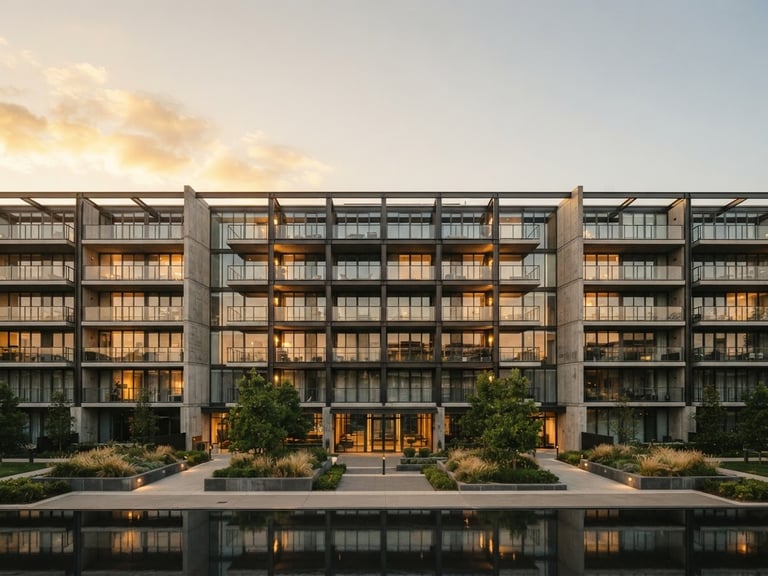 Symmetrical wide-angle architectural shot of a modern concrete and glass residential facade during golden hour, soft warm light reflecting off steel beams, negative space above.