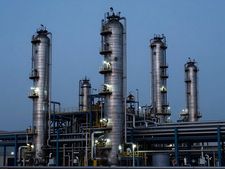 Wide environmental shot of a heavy industrial refinery at dusk, cool blue ambient lighting, sharp technical details of piping and structural steel, graphite tones