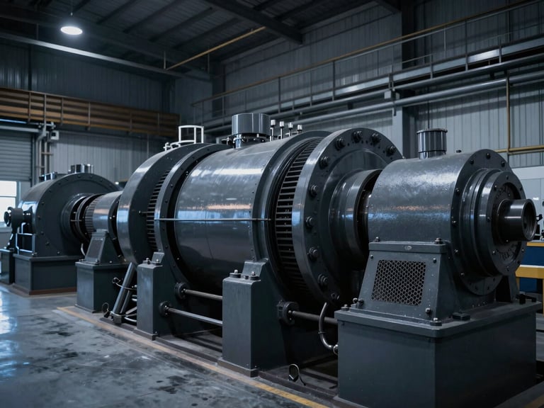 Wide-angle industrial plant interior, high-contrast graphite tones, sharp technical details of rotating machinery under cool blue ambient light, 35mm lens