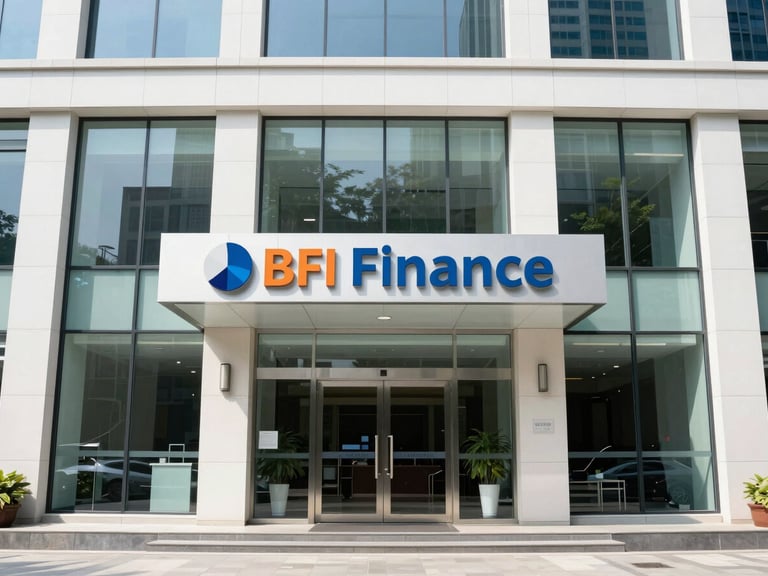 Straight-on bright corporate photography of a clean BFI Finance office facade in Jakarta, modern glass entrance, bright natural daylight, highly legible signage.