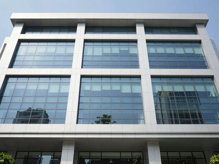Bright corporate photography of a modern BCA Finance office facade in Jakarta, clean natural daylight, straight-on eye-level composition, high-resolution 35mm