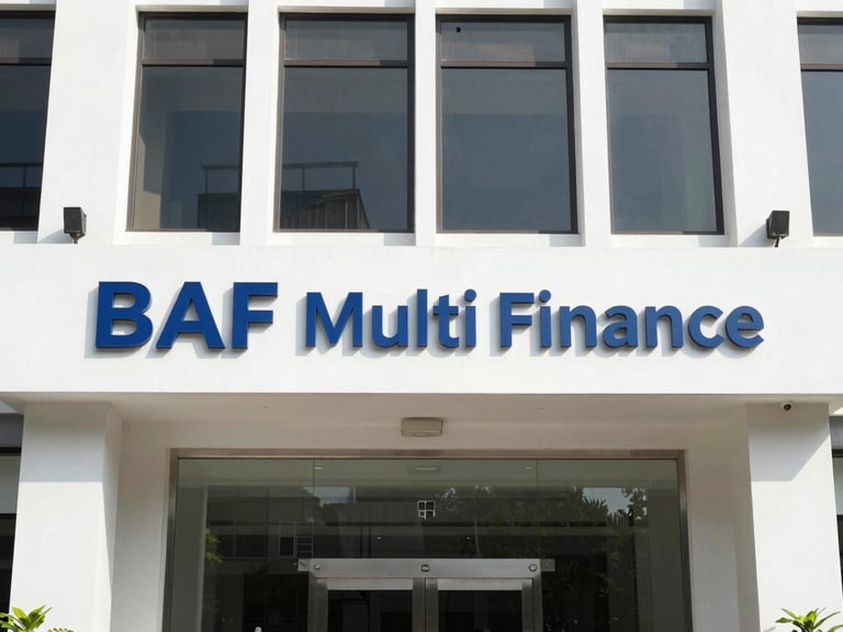Bright corporate photography of a modern BAF multi-finance office facade in Indonesia, clean natural daylight, straight-on eye-level angle, highly legible signage