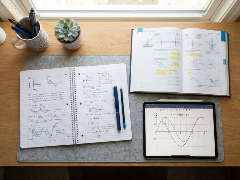 Overhead shot of an organized study desk with a physics notebook, open textbook with clean hand-drawn diagrams, and a sleek digital tablet showing a graph.