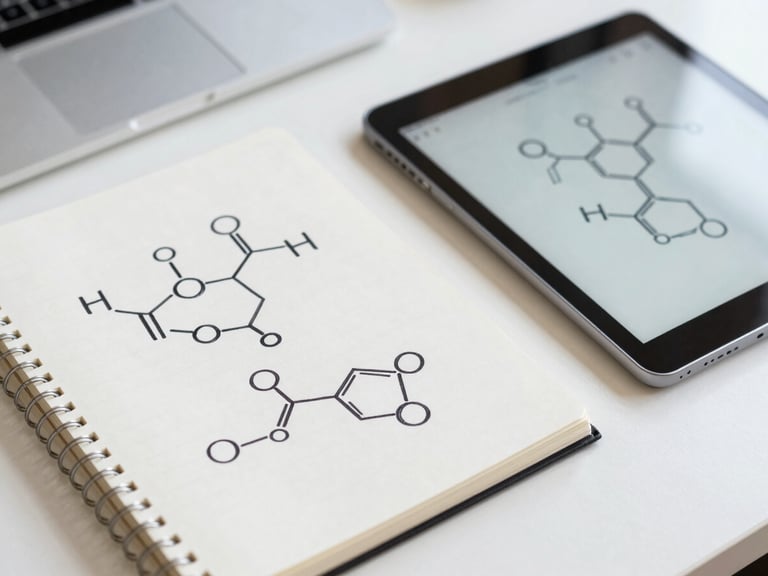 Overhead shot of an organized study desk, a physical notebook with hand-drawn organic chemistry molecules next to a clean tablet displaying a structural diagnostic node graph, sharp focus, daylight.
