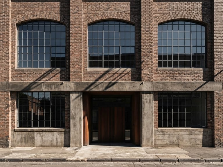 Straight-on architectural elevation of a historic brick commercial facade, large steel-framed windows, hard direct sunlight casting sharp geometric shadows, raw concrete texture, minimalist composition.