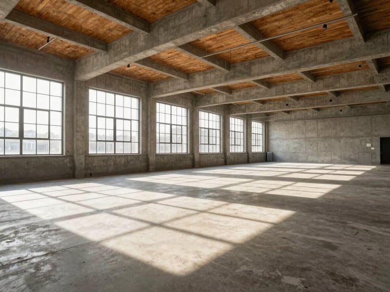 Wide-angle view of a large, empty industrial loft space with high ceilings, concrete floors, and large windows, sharp geometric shadows.