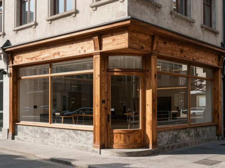 Exterior shot of a historic corner building with large display windows, warm timber accents, and natural daylight.
