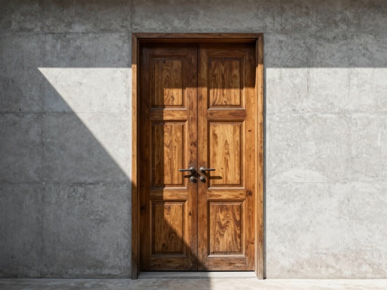 Close-up of a sturdy, restored wooden door with original hardware, set in a concrete wall, illuminated by a single shaft of direct sunlight, minimalist architectural photography.